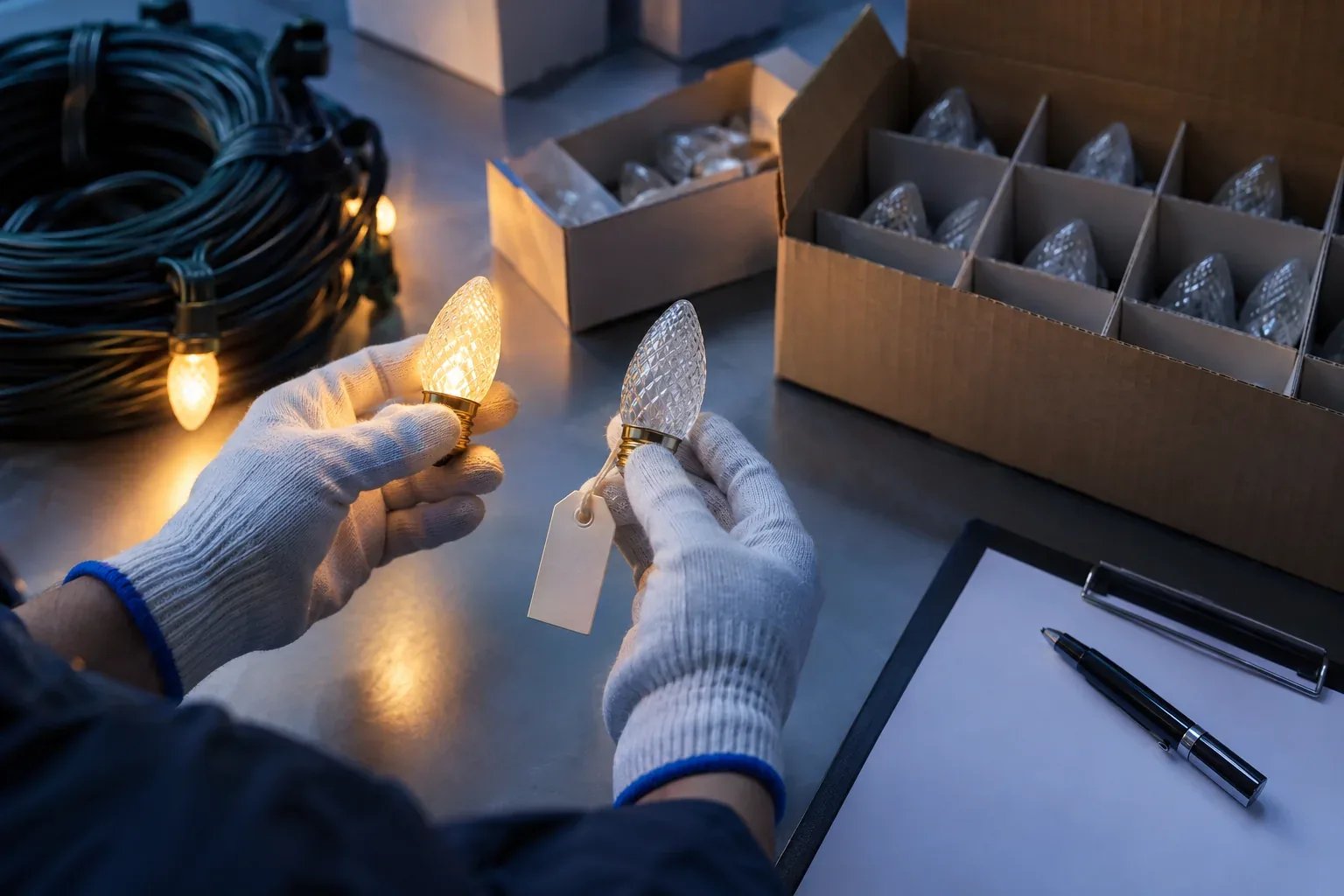 Gloved hands comparing a lit C9 bulb with a tagged approved sample at a workbench