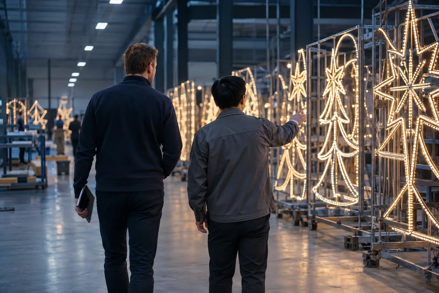 Two people walking a line of lit LED motif displays on a factory floor, seen from behind