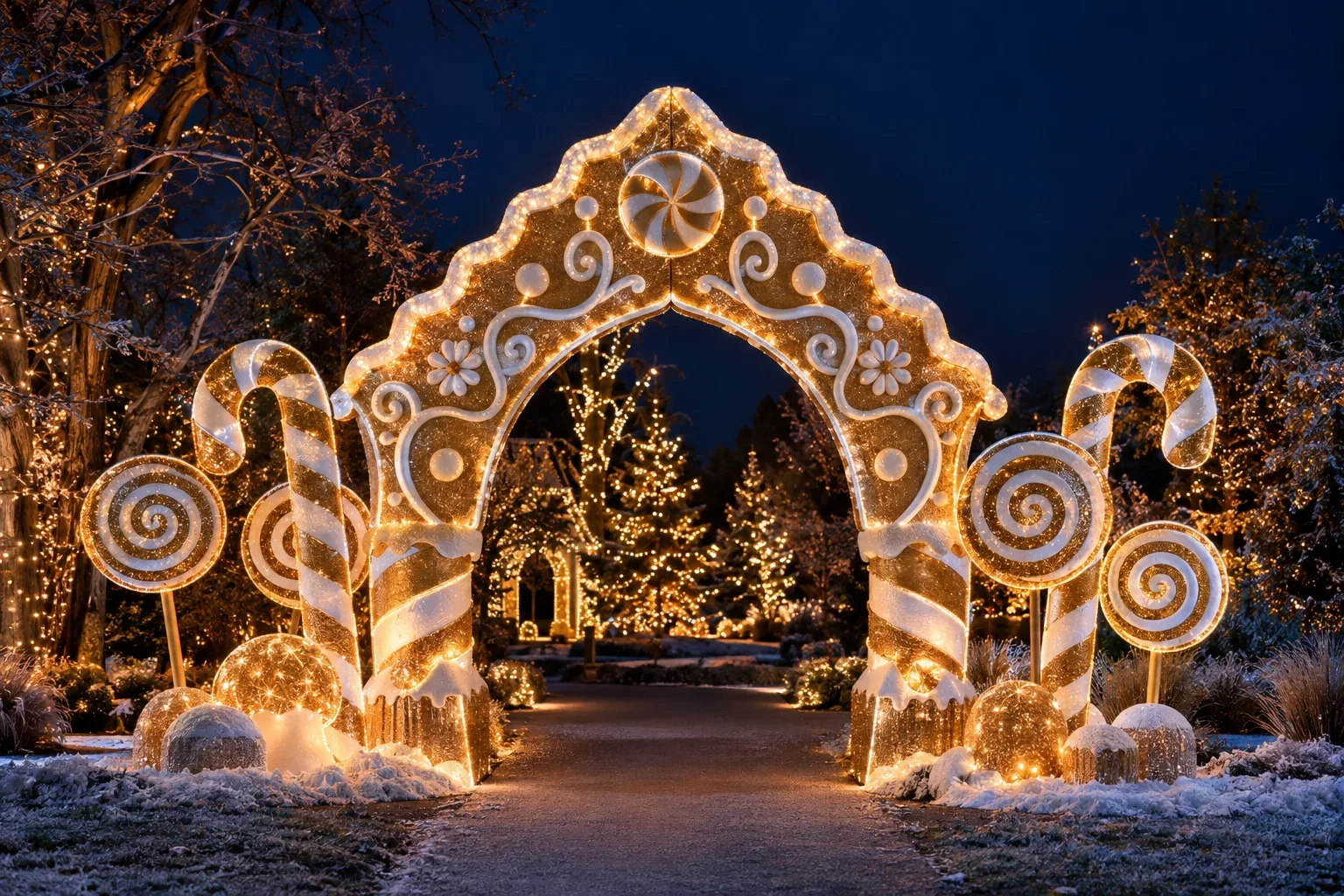 A gingerbread and candy-cane archway skinned in glowing white and gold mesh in a park at night