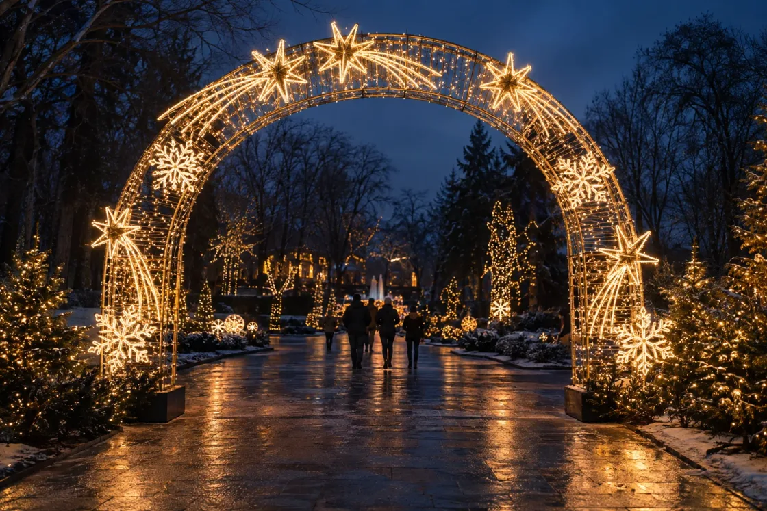 A large walk-through arch lit warm white with shooting stars and snowflakes at the entrance to a park at dusk