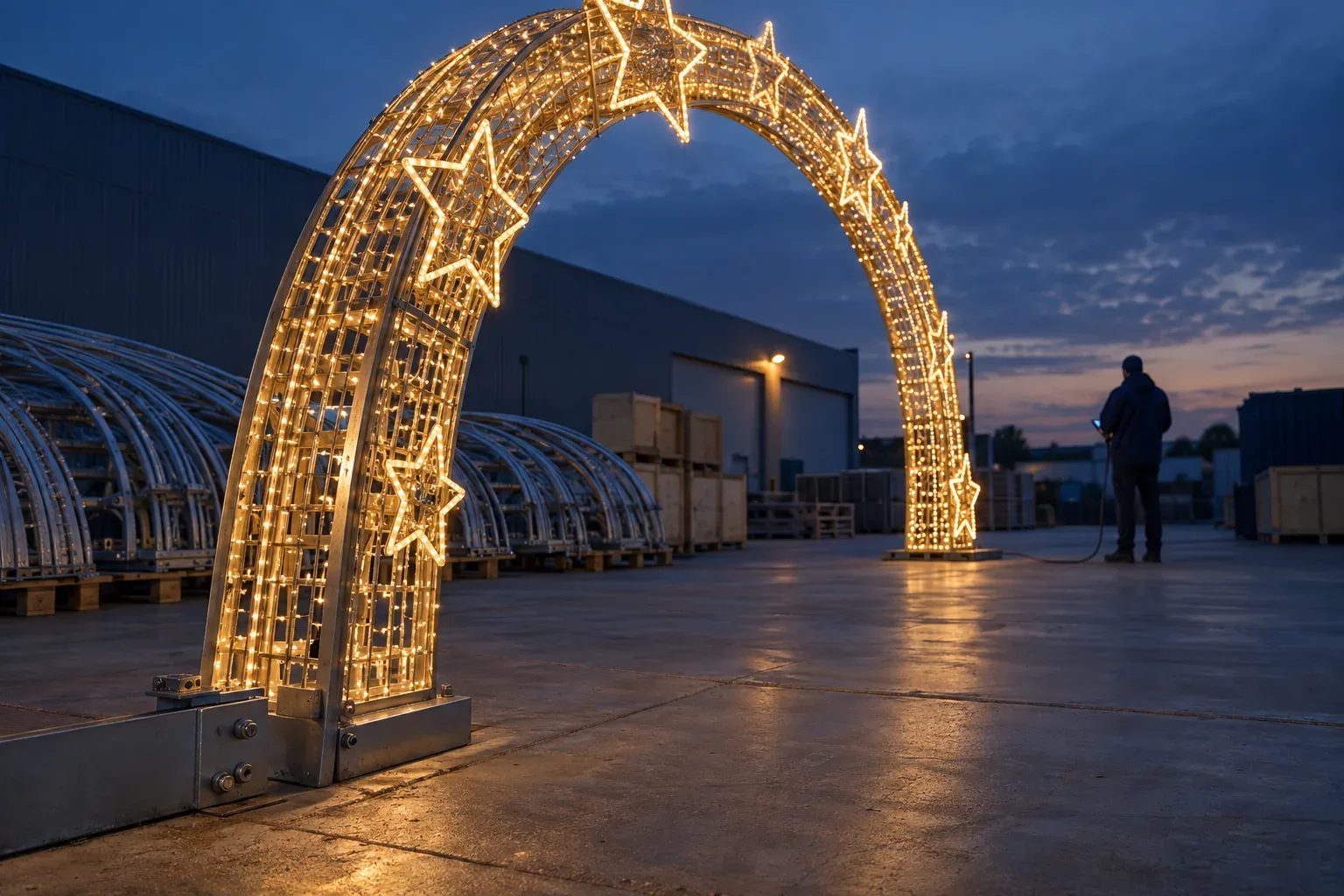 A walk-through arch with stars along its curve, assembled whole and lit for a test in a factory yard at dusk