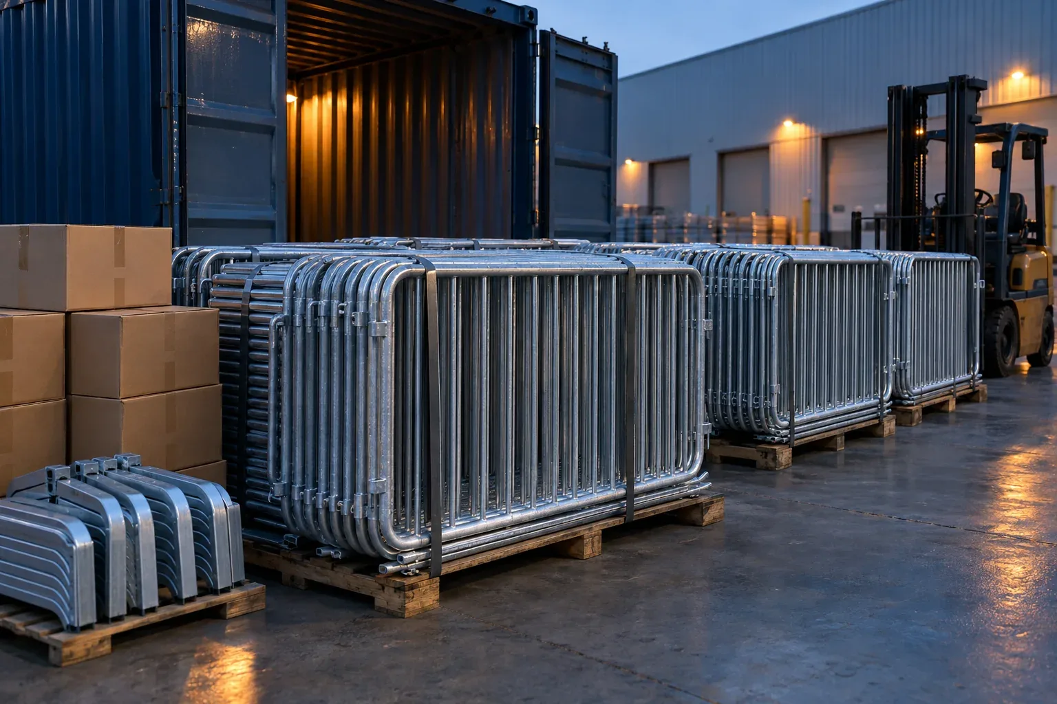 Bundles of galvanized barricade frames held with steel bands on timber bases beside an open shipping container