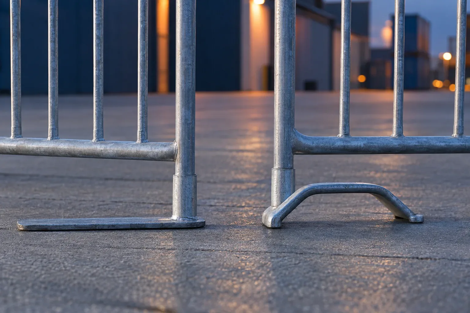 The bottoms of two galvanized barricades, one on a flat steel foot and one on an arched bridge foot