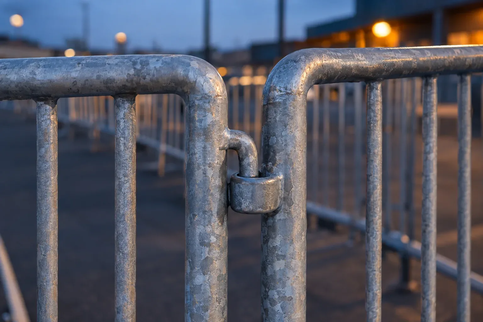 Close-up of a steel hook on one galvanized barricade frame dropped into the loop on the next