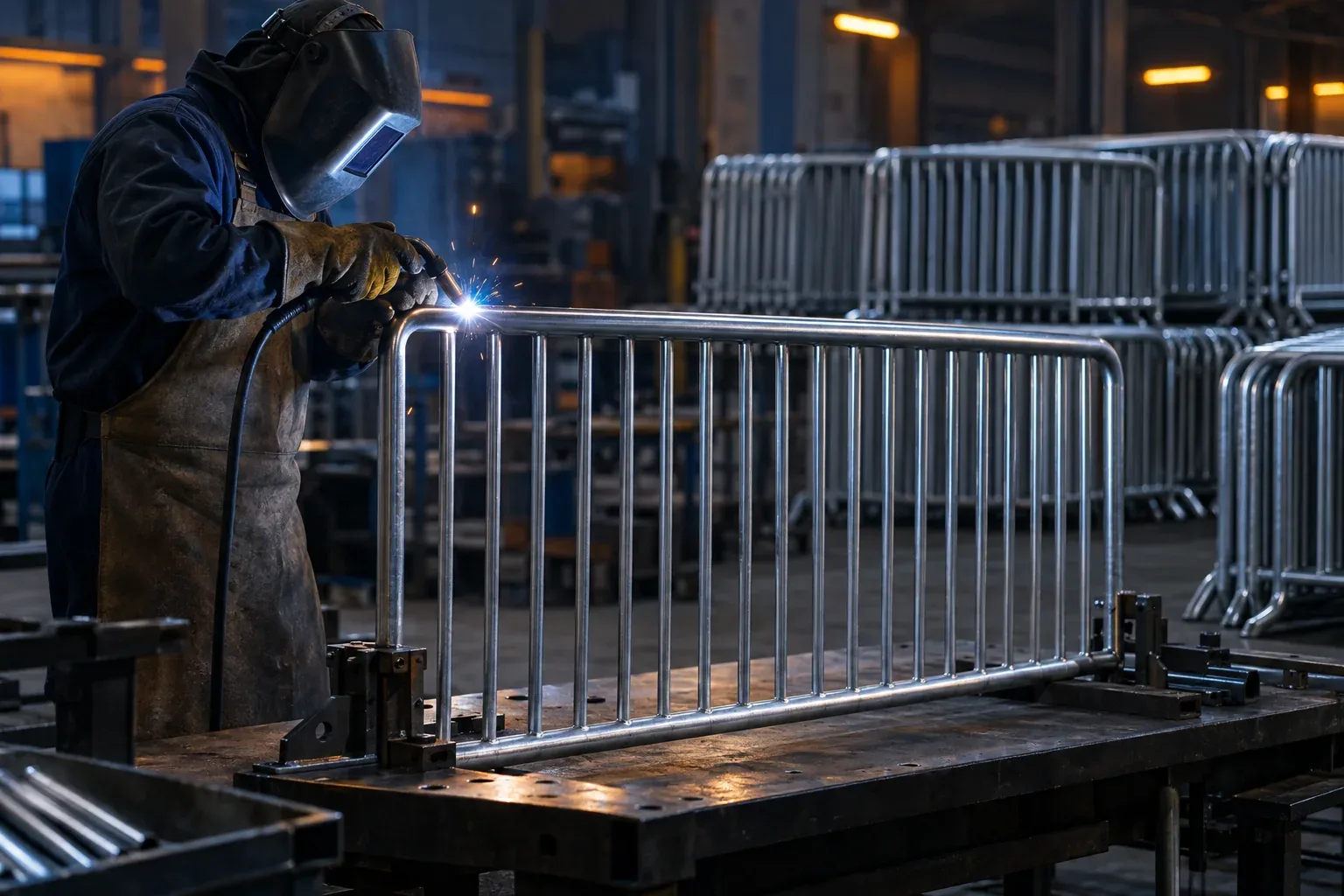 A welder in a helmet joining an upright bar to the top rail of a bare steel barricade frame on a welding table