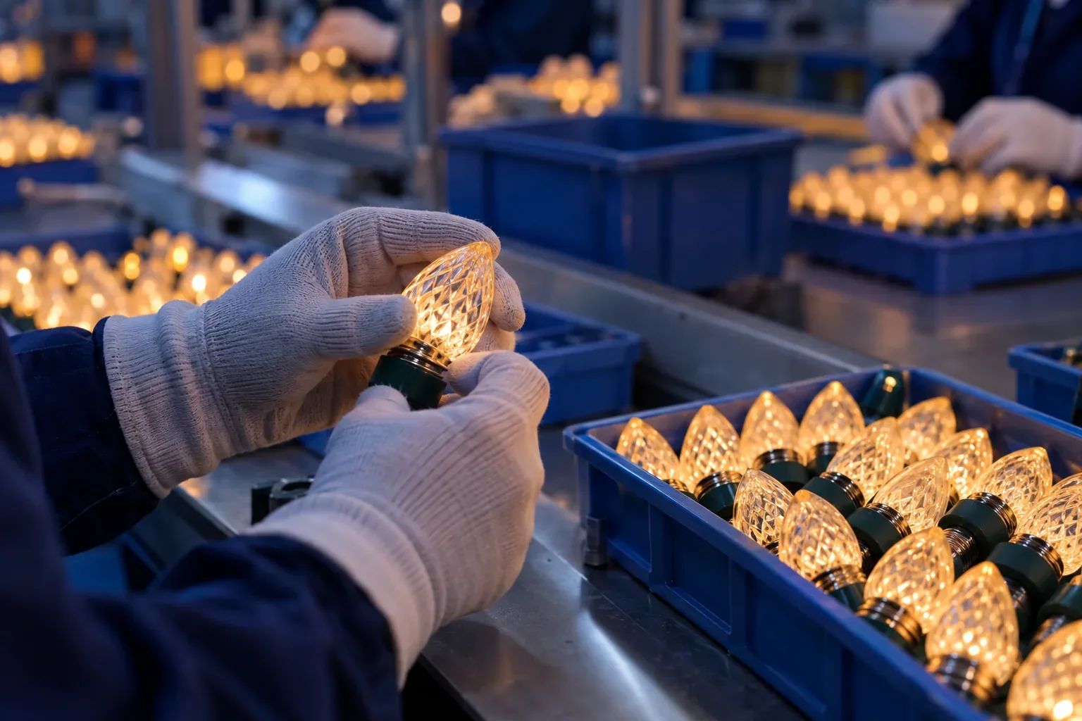 Gloved hands fitting lit C9 LED bulbs on a production line
