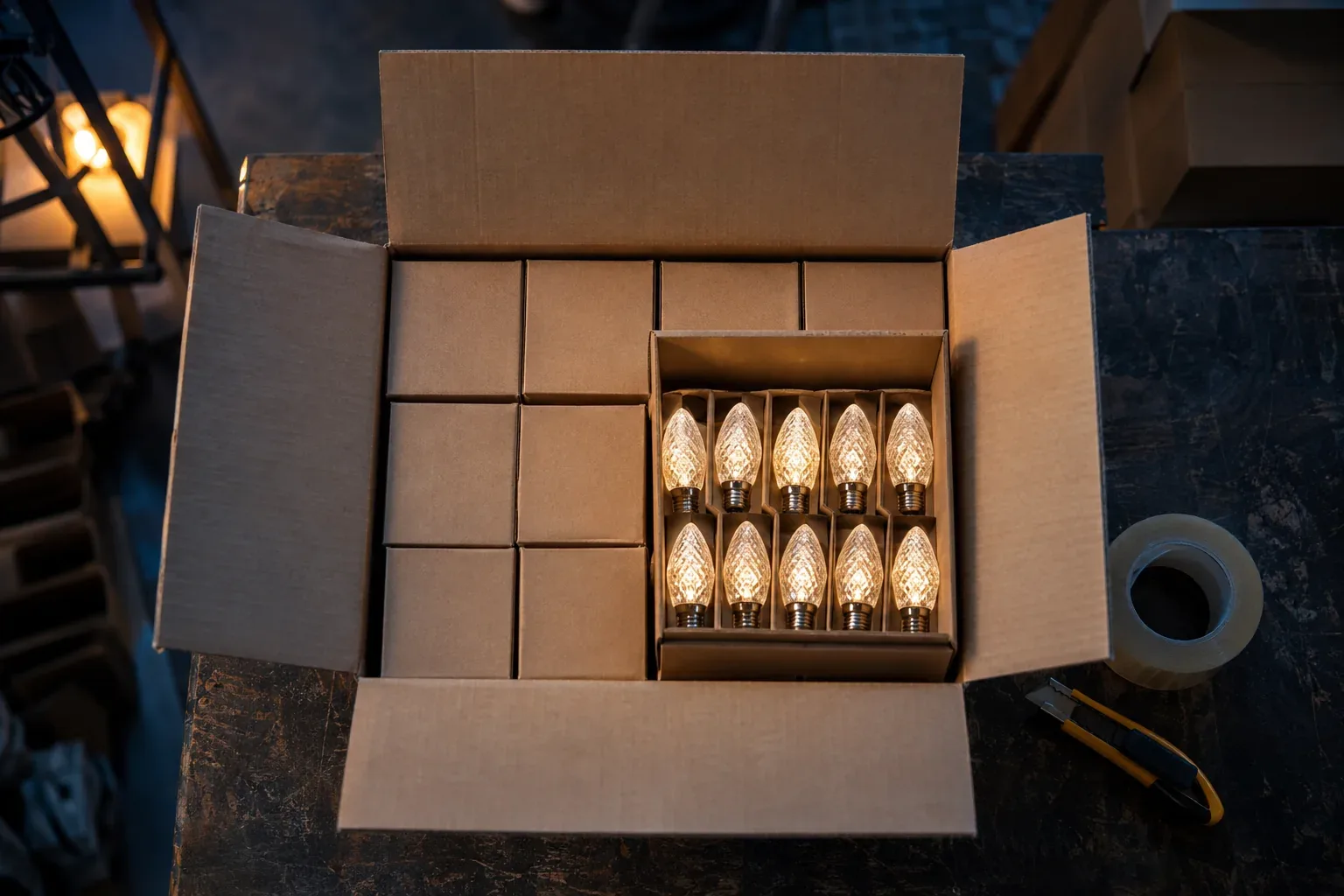 C9 bulbs in inner boxes inside an open master carton