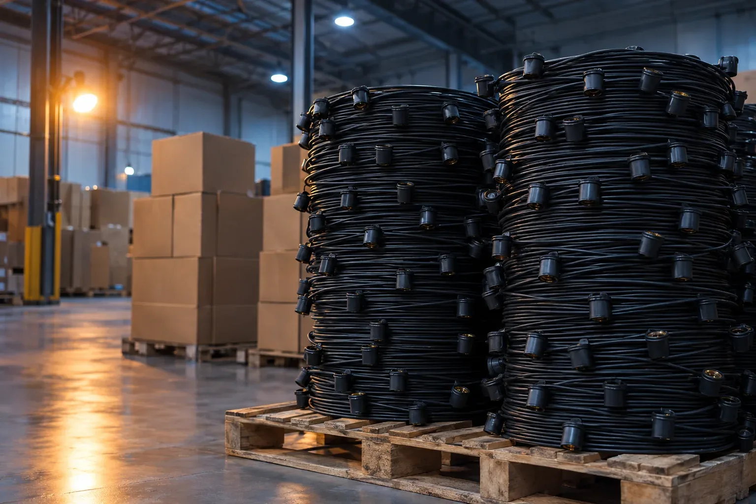 Reels of socket wire and stacked cartons on pallets in a warehouse