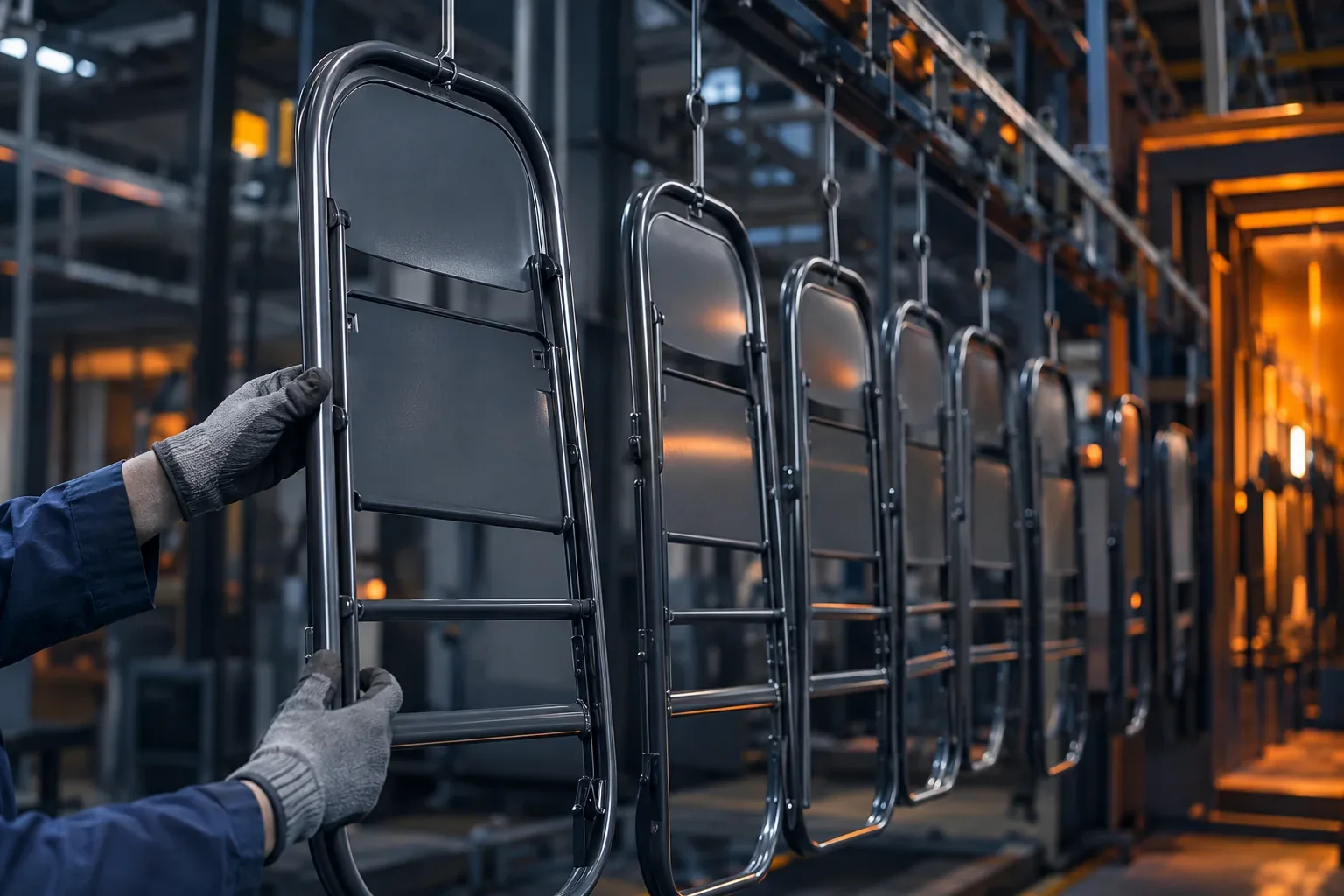 Steel folding chair frames hanging on a conveyor after powder coating, with gloved hands checking one