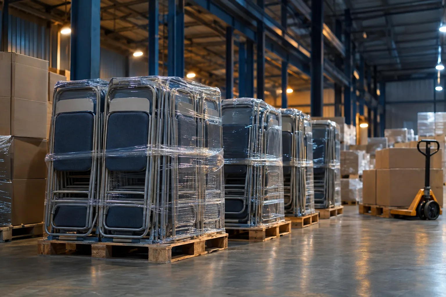 Folded steel chairs with padded seats stacked on pallets under stretch film in a warehouse