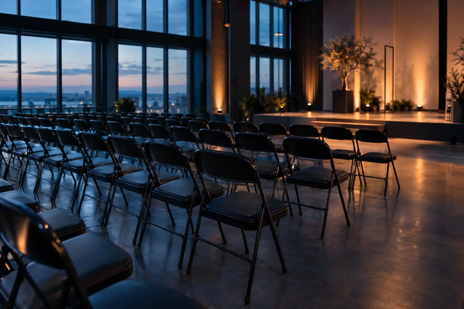Rows of black padded folding chairs set out in an event hall facing a stage at dusk