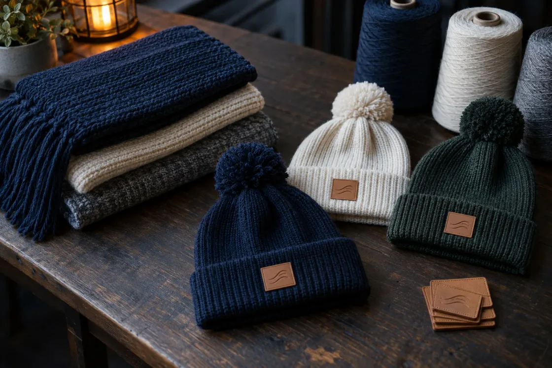 Folded knit scarves and pom-pom beanies with leather patches beside yarn cones on a wooden table