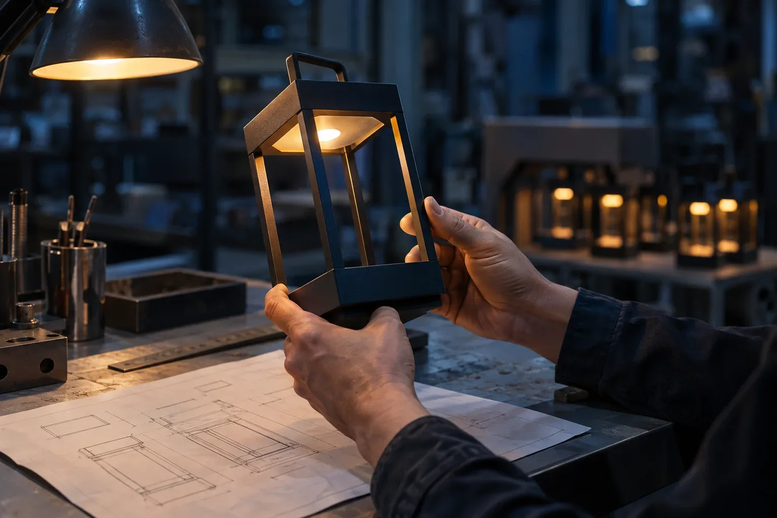 Hands turning a lit steel lantern sample under a work lamp, over its drawing