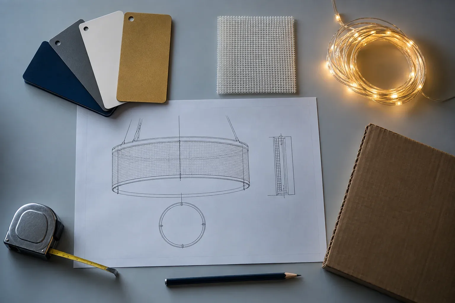 A buyer's specification pack: a technical drawing, powder-coat colour chips, mesh, LED string, a carton sample and a tape measure