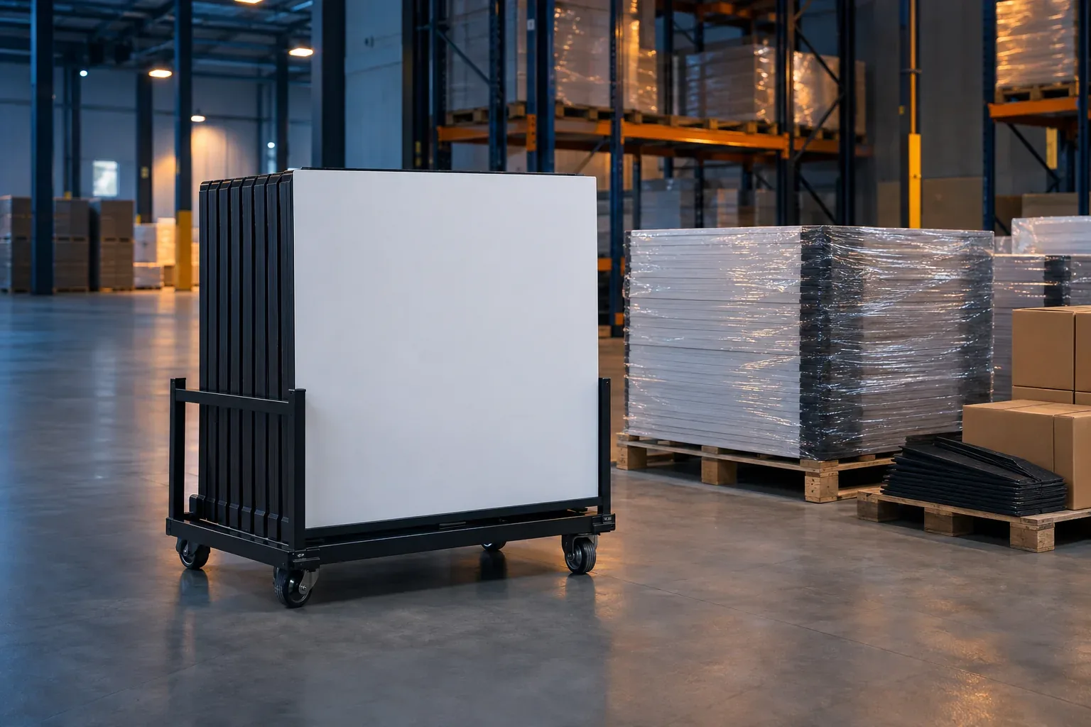 White-topped dance floor panels standing upright in a wheeled cart beside wrapped pallets of panels in a warehouse