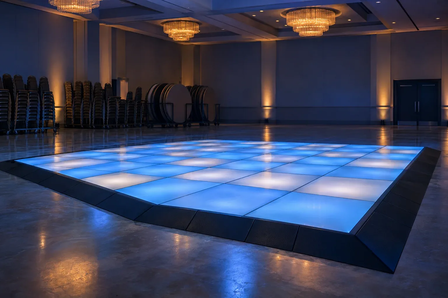 An empty LED dance floor glowing blue and white in a dim ballroom, stacked chairs and folded tables at the edge