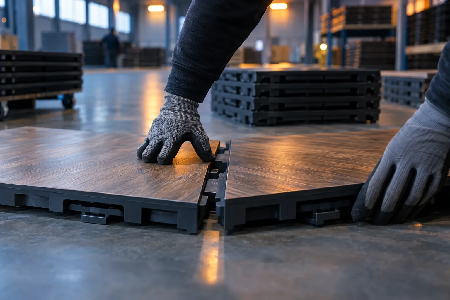 Gloved hands pressing two wood-look dance floor panels together at their interlocking edges on a warehouse floor