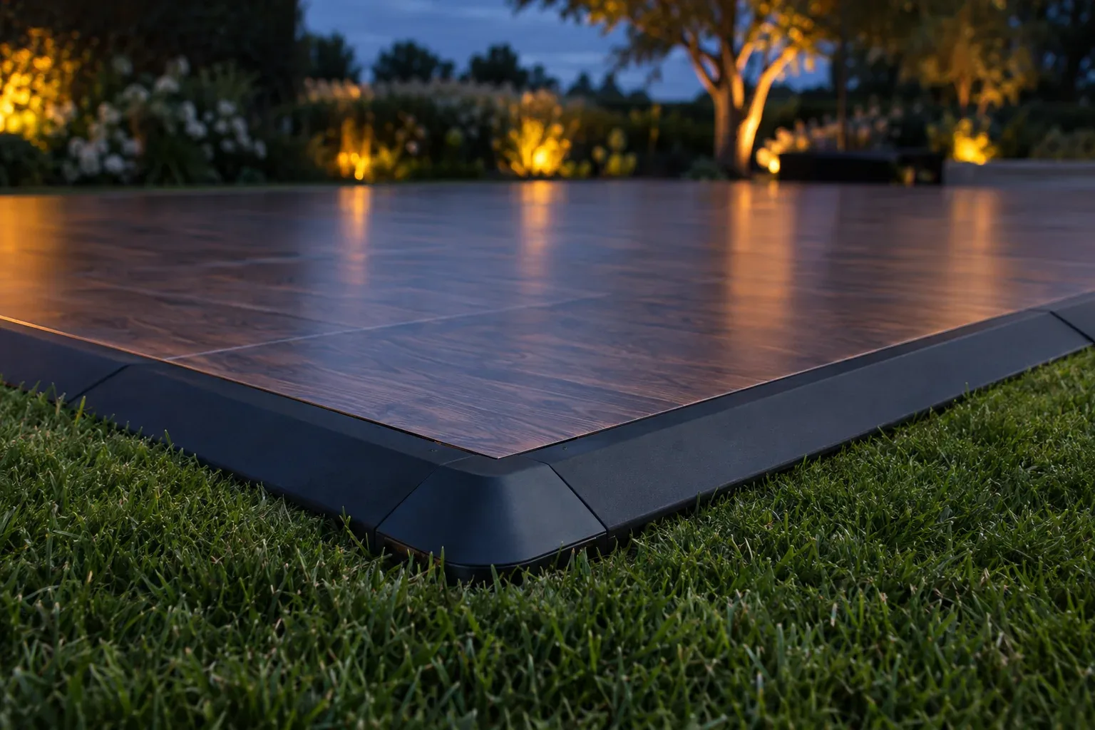 The corner of a dark wood-look dance floor on a lawn, finished with a black bevelled edge ramp and a corner piece