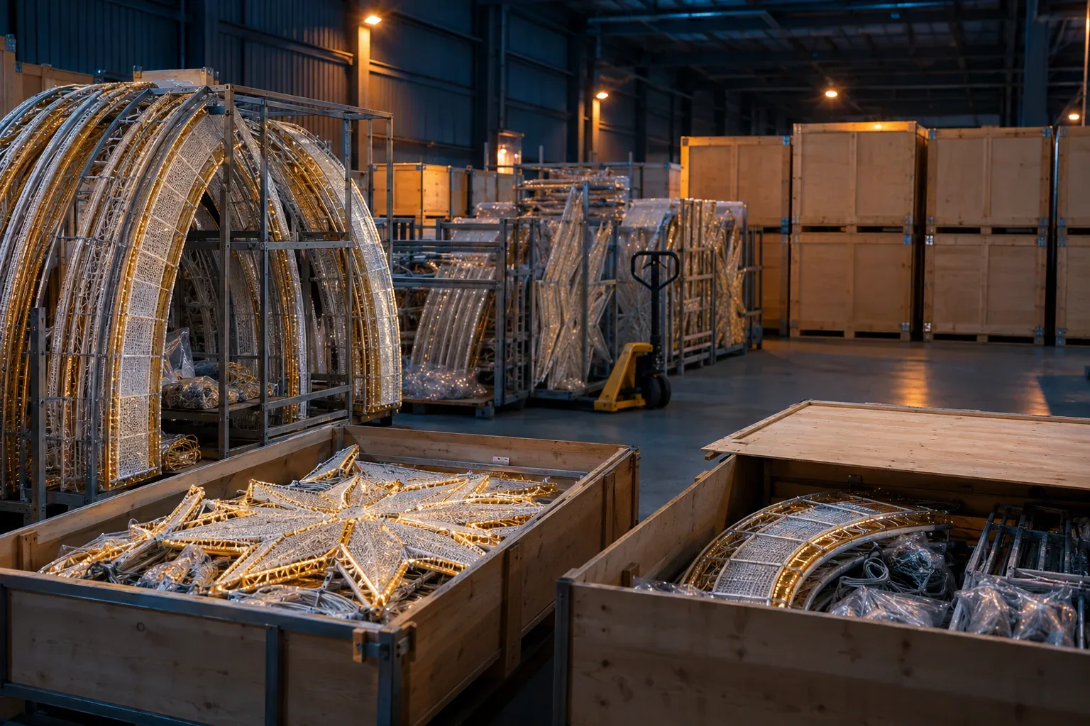 Knock-down arch sections in steel racks and star frames packed flat in wooden crates