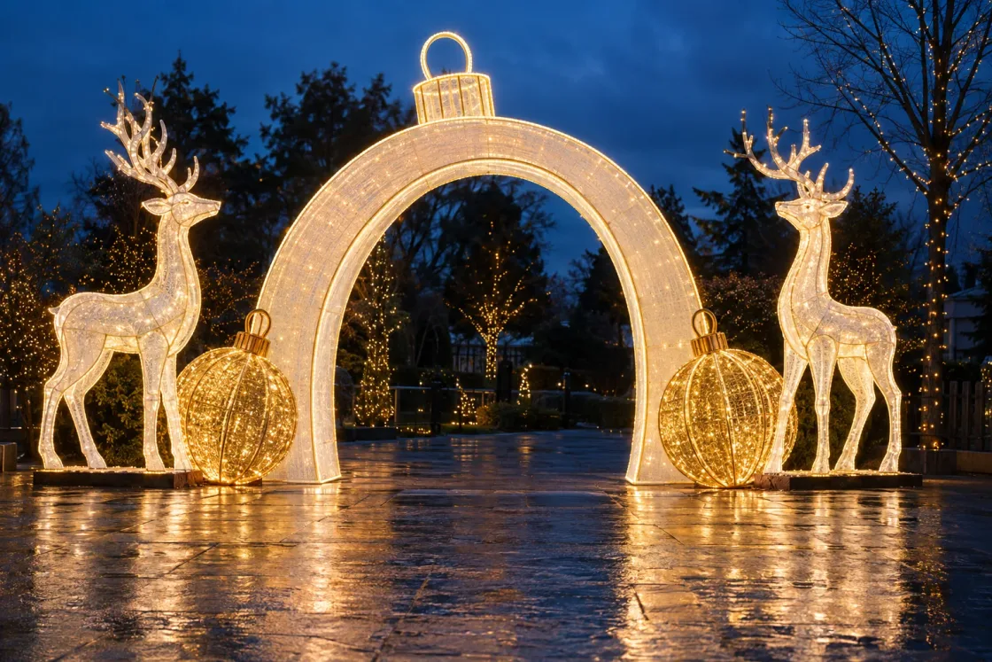 A walk-through arch, two 3D reindeer and two giant ornaments, skinned in glowing mesh, on wet paving at dusk
