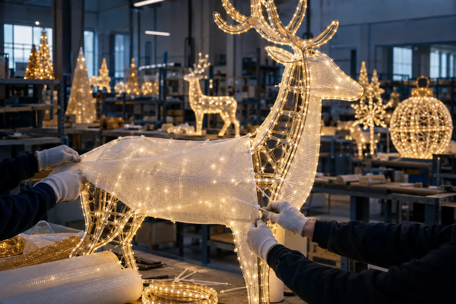 Gloved hands stretching white plastic mesh over the lit frame of a 3D reindeer