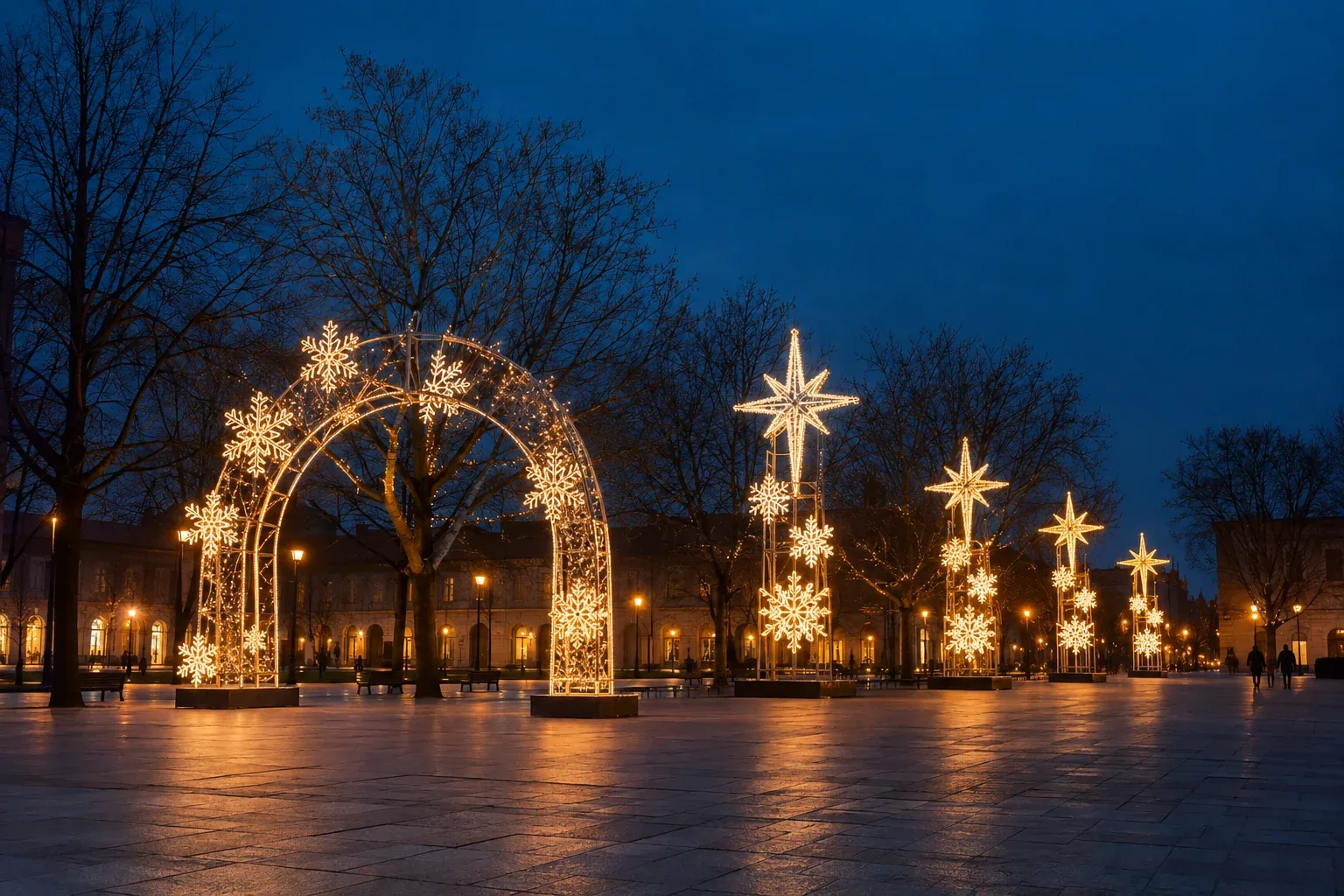 A walk-through arch and star displays outlined in warm white lights in a town plaza at night