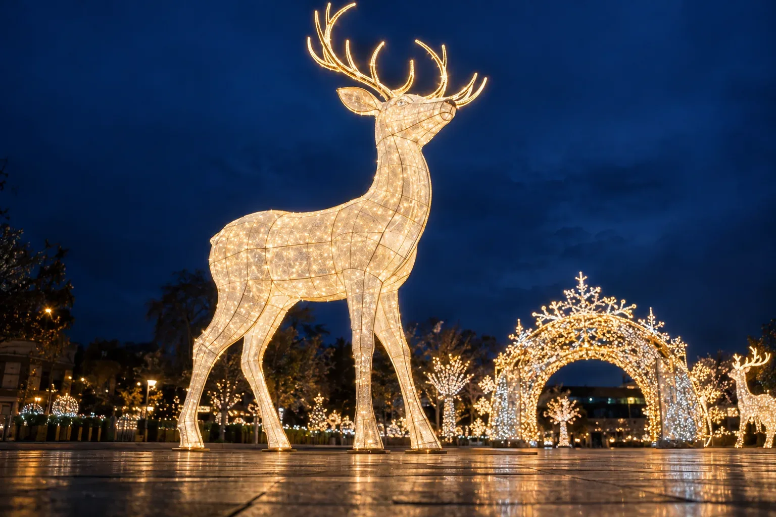 A giant 3D reindeer skinned in glowing mesh on a square at night, with a lit arch behind
