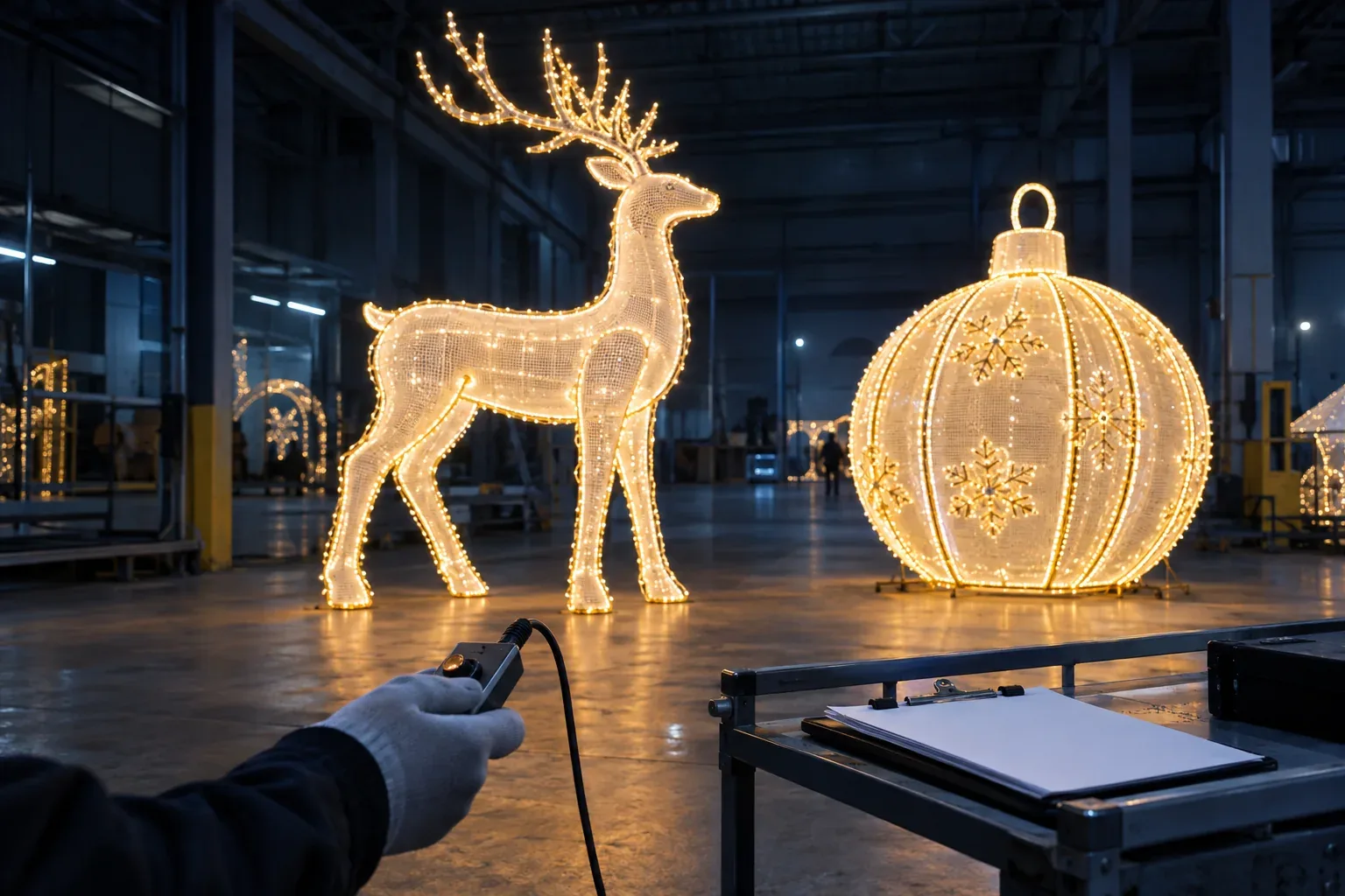 A 3D reindeer and a giant ornament switched on for a lighting test, a gloved hand holding the controller