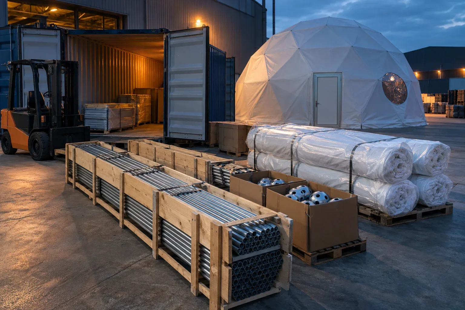 Timber crates of steel struts, rolled white covers and boxes of hubs beside an open container and a forklift