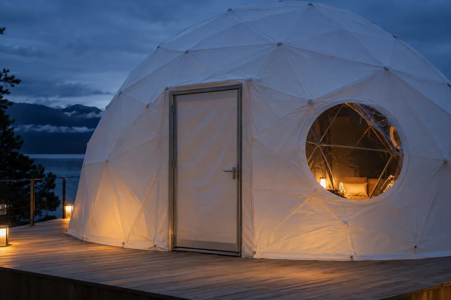 The framed door and a round clear window panel in the white cover of a large dome on a deck