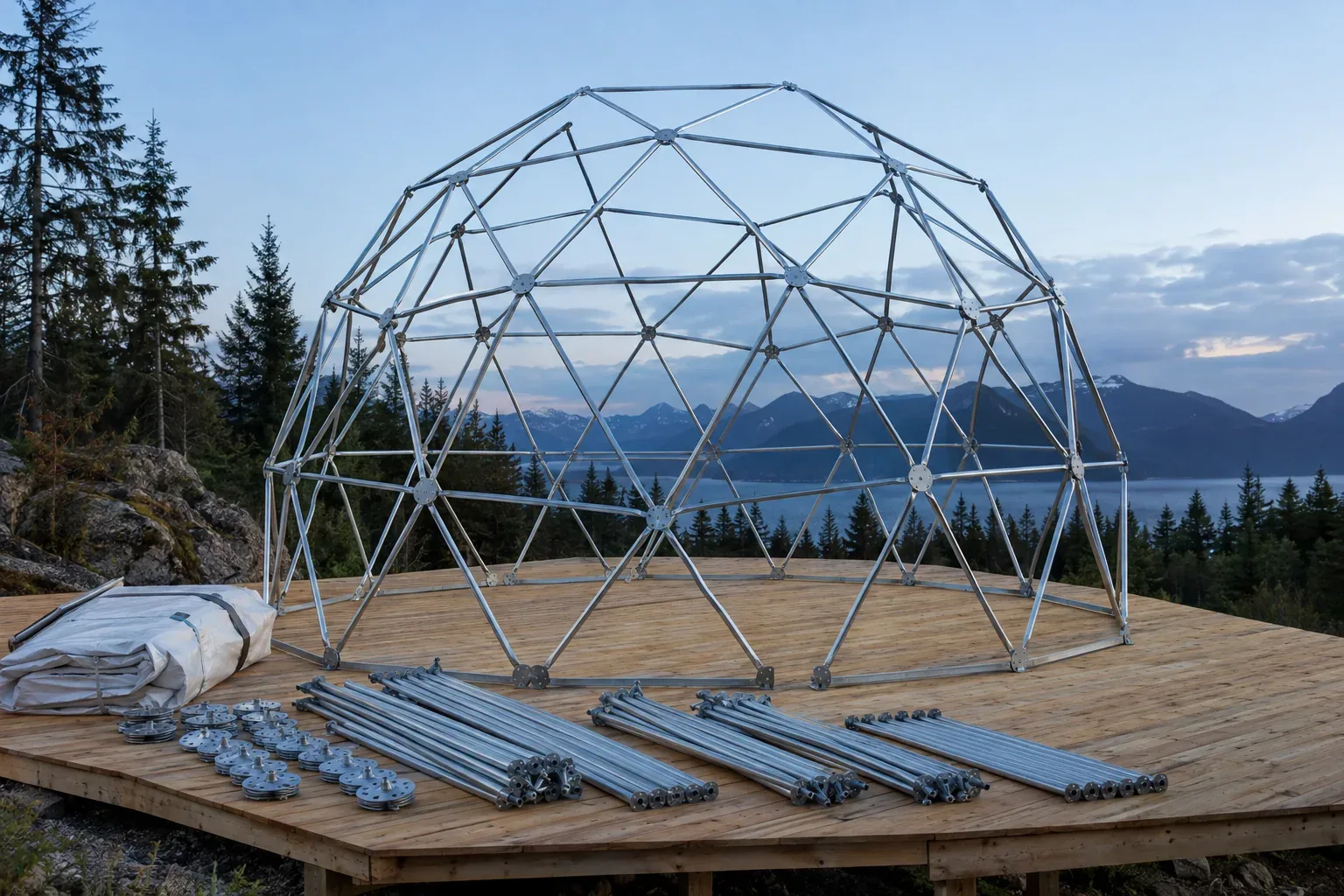The bare steel frame of a geodesic dome on a timber deck, with struts, hubs and a folded cover laid out beside it
