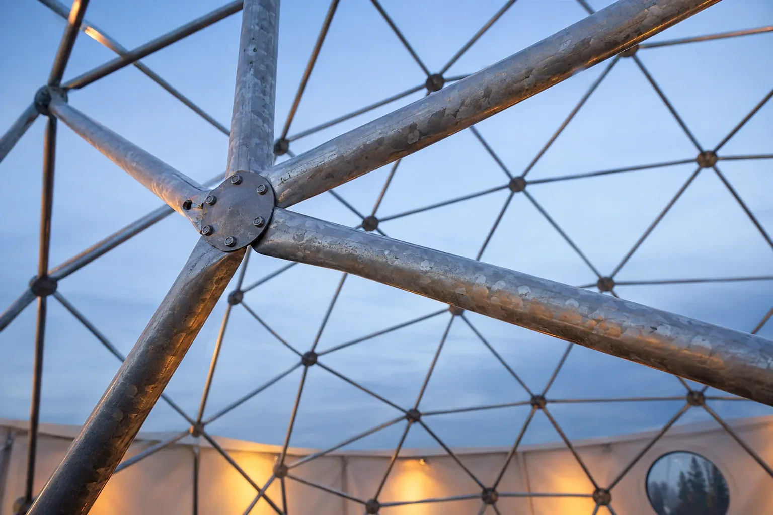 Looking up at galvanized steel struts bolted to a round hub inside the frame of a large dome