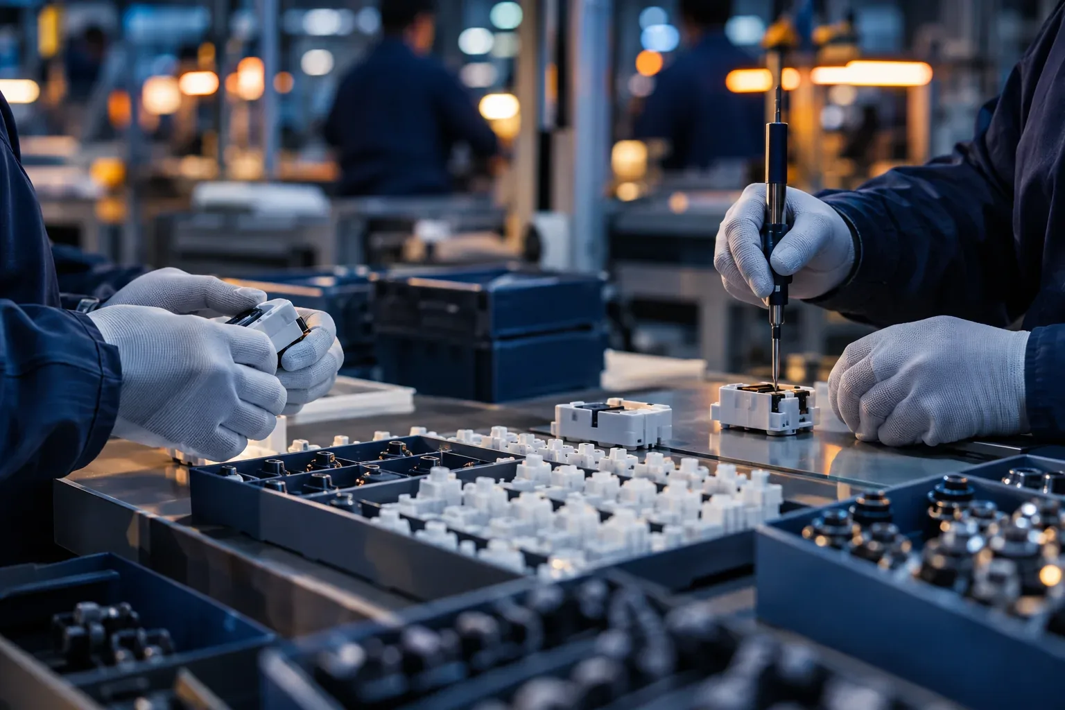 Gloved hands assembling parts on a production line