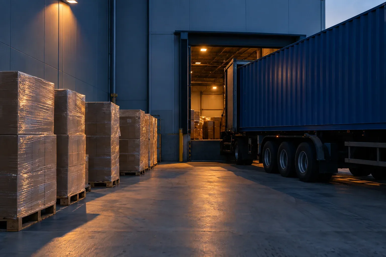 Stretch-wrapped pallets of export cartons at a factory dock beside a container truck