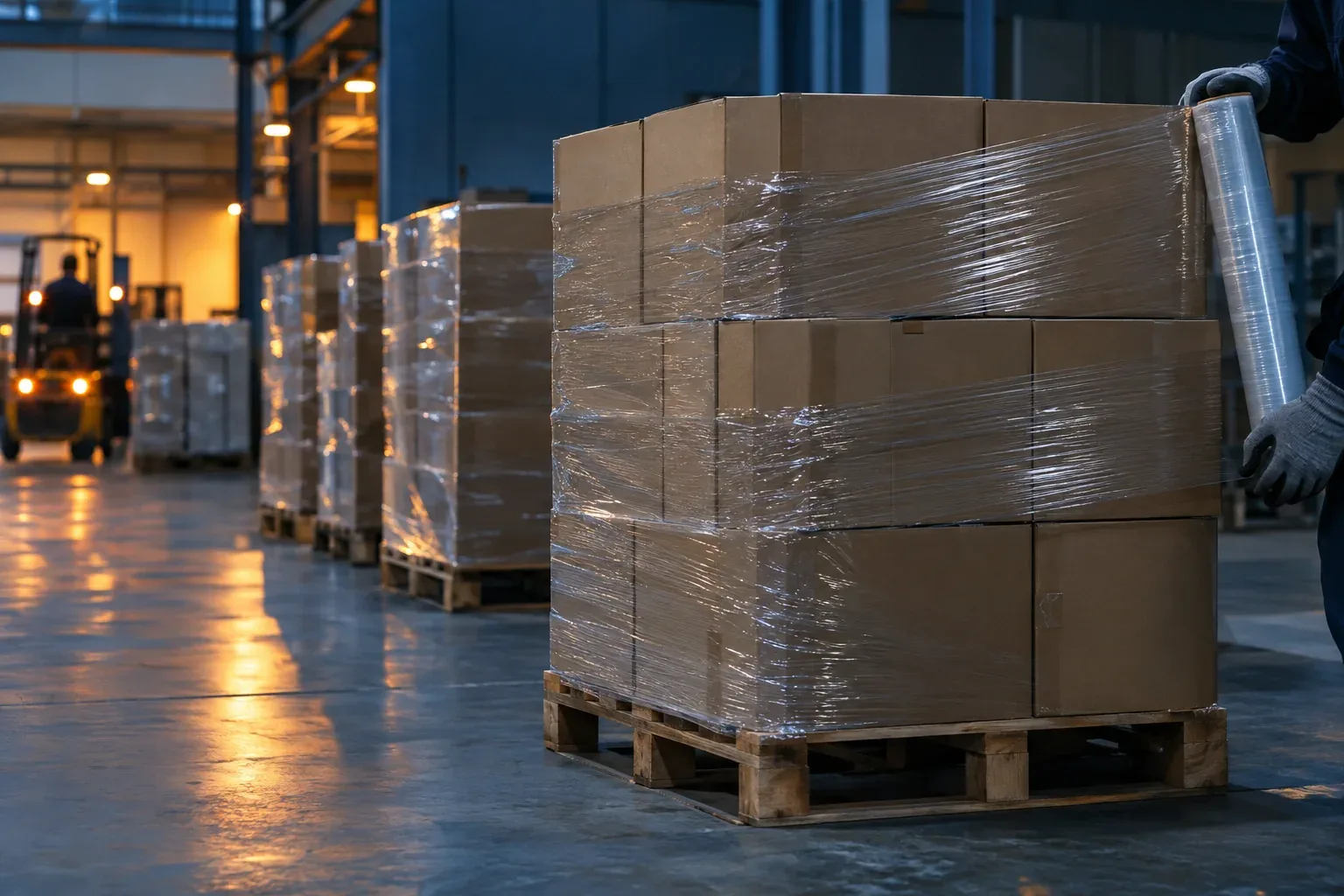 Cartons stacked and stretch-wrapped on pallets