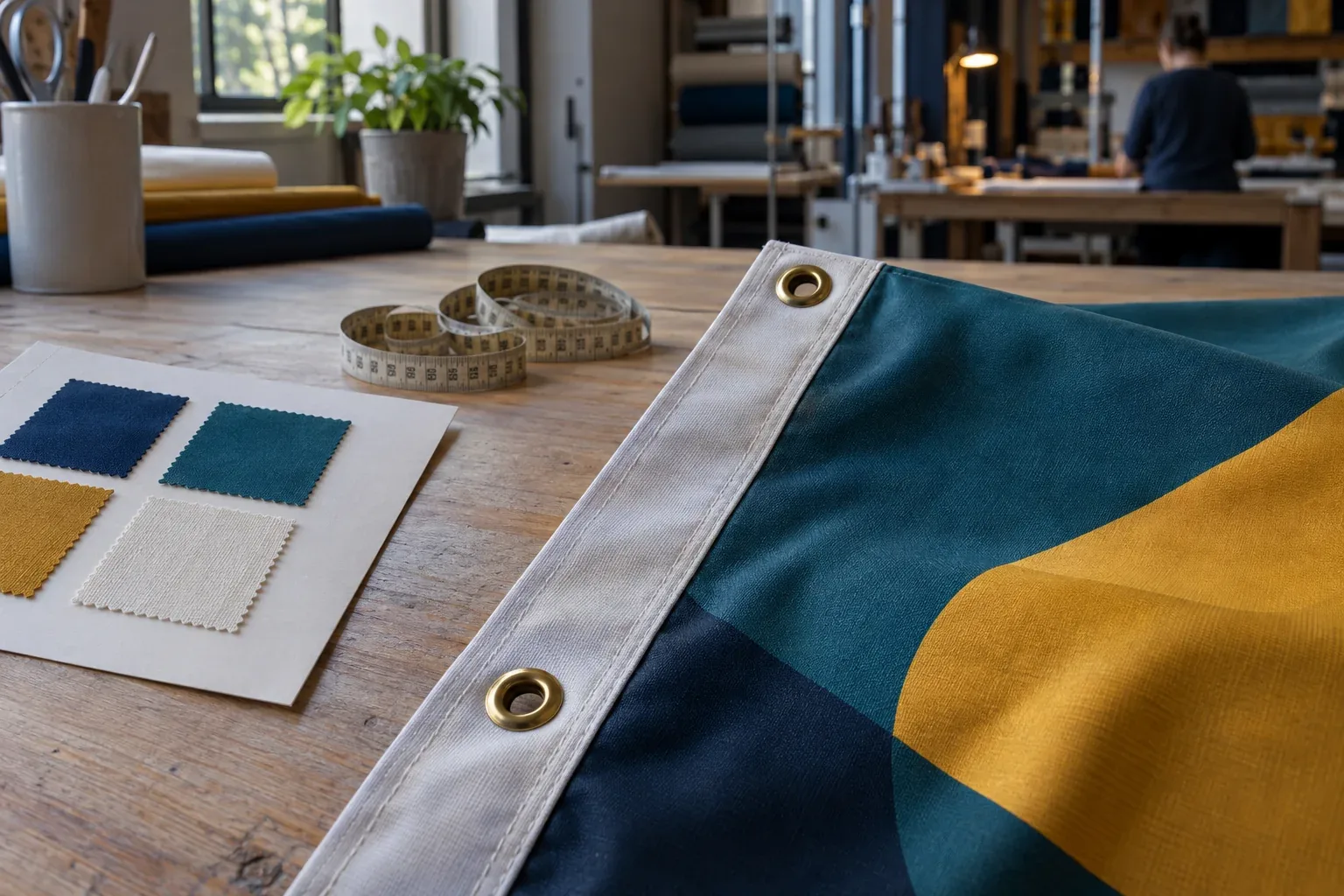 The white header of a teal and gold flag with two brass grommets, on a workbench beside a card of colour swatches