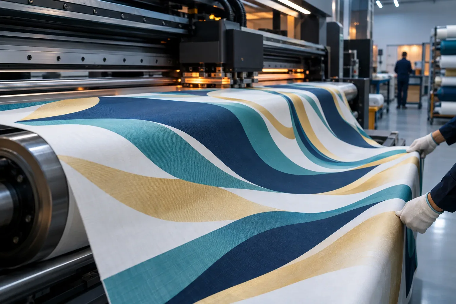 Knitted polyester coming off a wide textile printer, printed with teal, navy and gold waves, guided by gloved hands