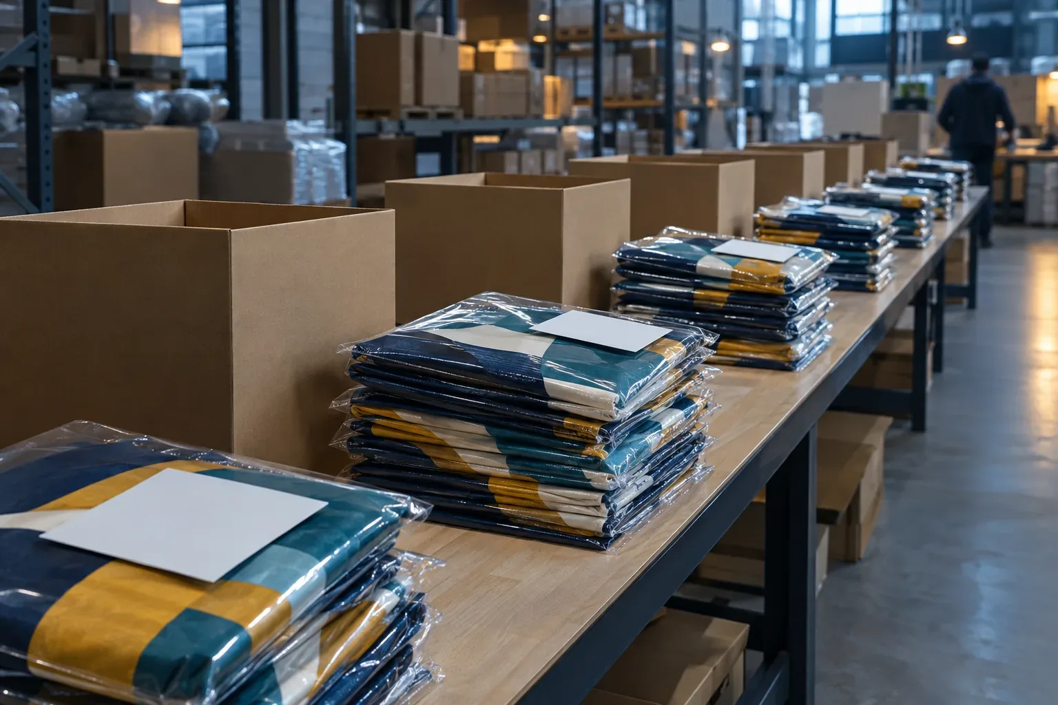 Folded flags in clear bags stacked on a packing table, one stack per location, each with a blank tag and a carton beside it