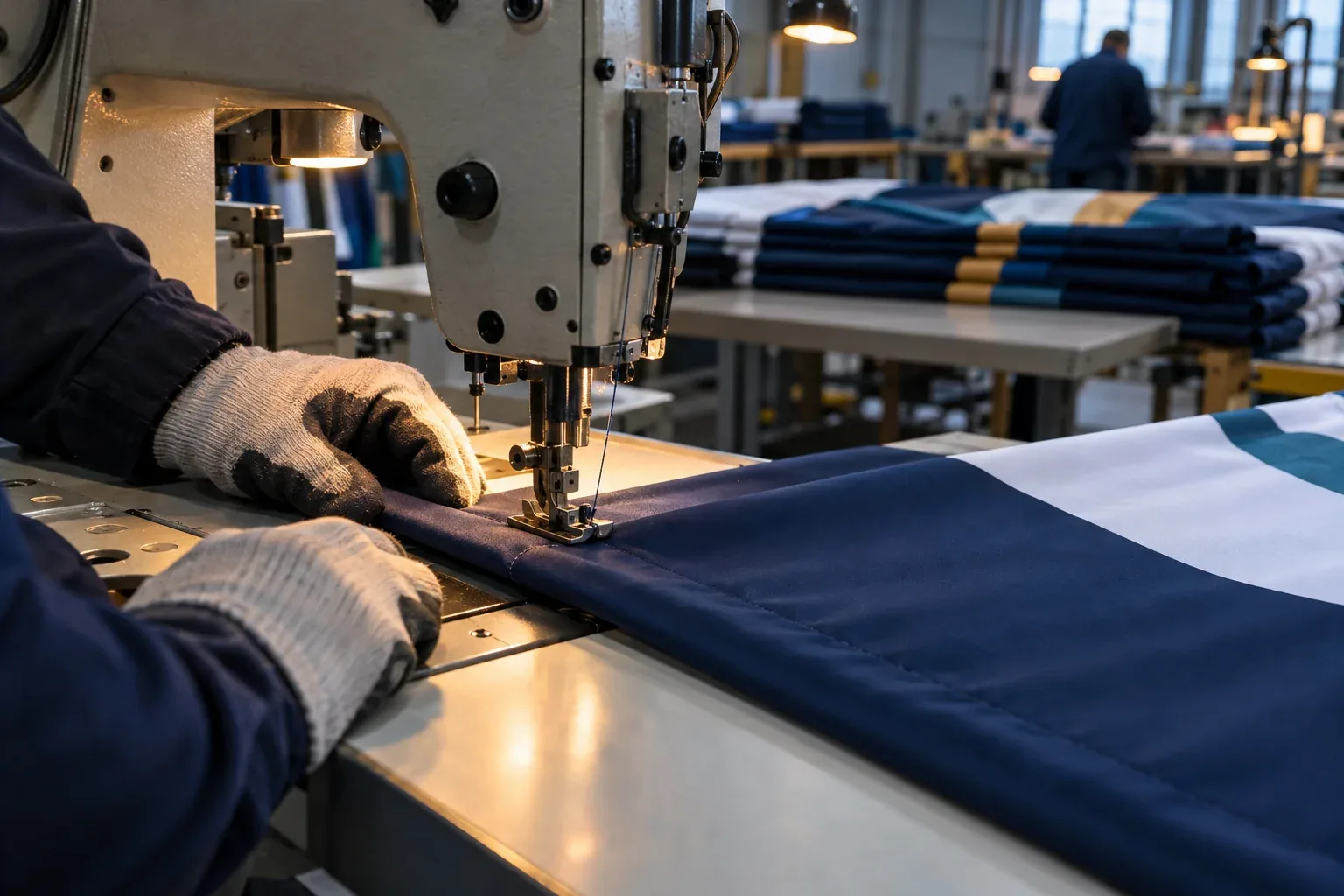 A sewing machine stitching the doubled hem of a navy and white flag into a pole sleeve, with gloved hands guiding it