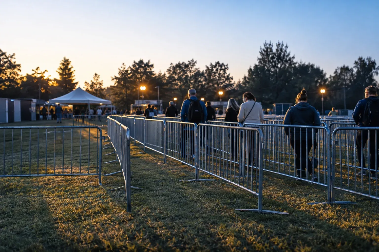 Visitors walking a switchback entry queue between galvanized steel bike rack barricades on the grass at dawn, a gap left open in the outer line and a white tent behind