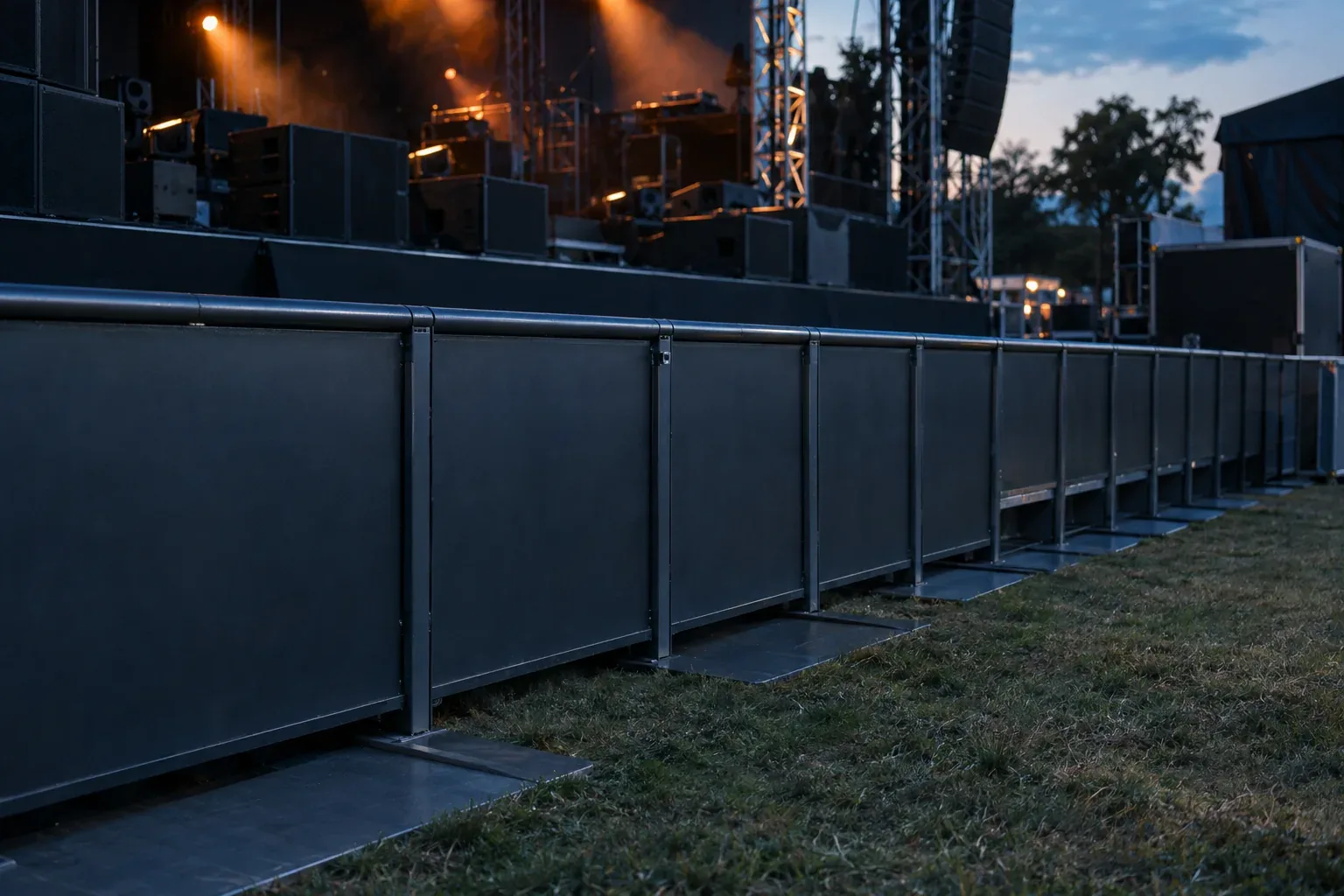 A run of dark front-of-stage barrier sections on the grass in front of an outdoor stage at dusk, each with a wide steel footplate on the audience side