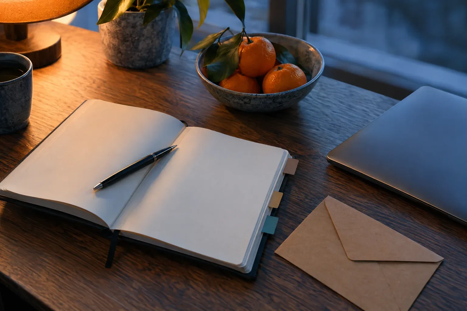 An open planner with coloured tabs on a desk, beside a bowl of mandarin oranges and a plain kraft envelope