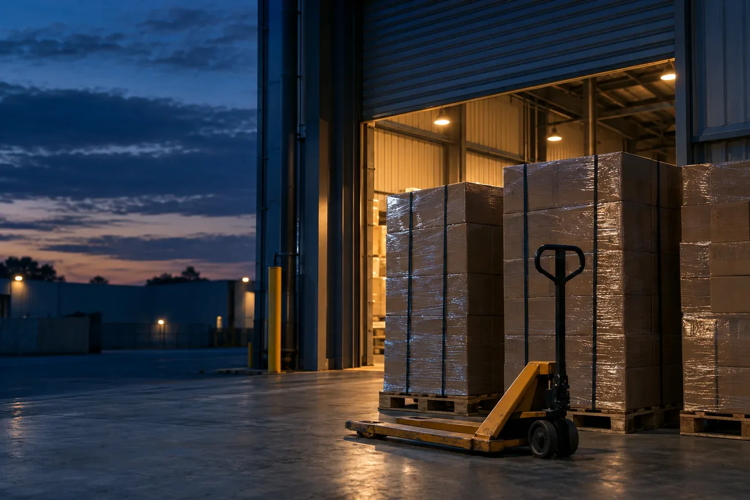 Wrapped pallets of plain cartons waiting by a half-open roller door at dusk