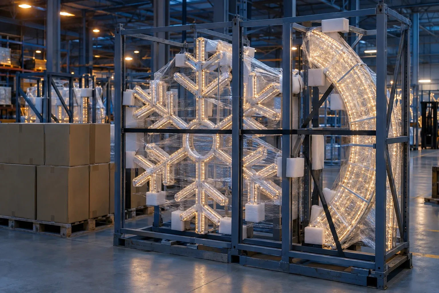 A white steel snowflake frame and an arch section wrapped in LED rope light, protected with foam blocks and stretch film in a steel shipping rack