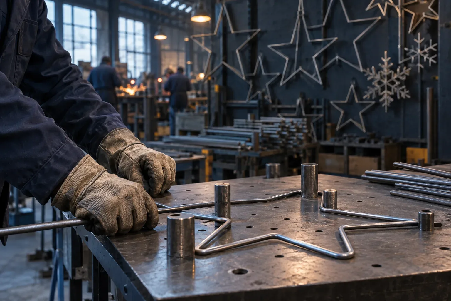 Gloved hands bending galvanised steel rod around pins on a jig table into the outline of a star, with finished star frames on the wall behind