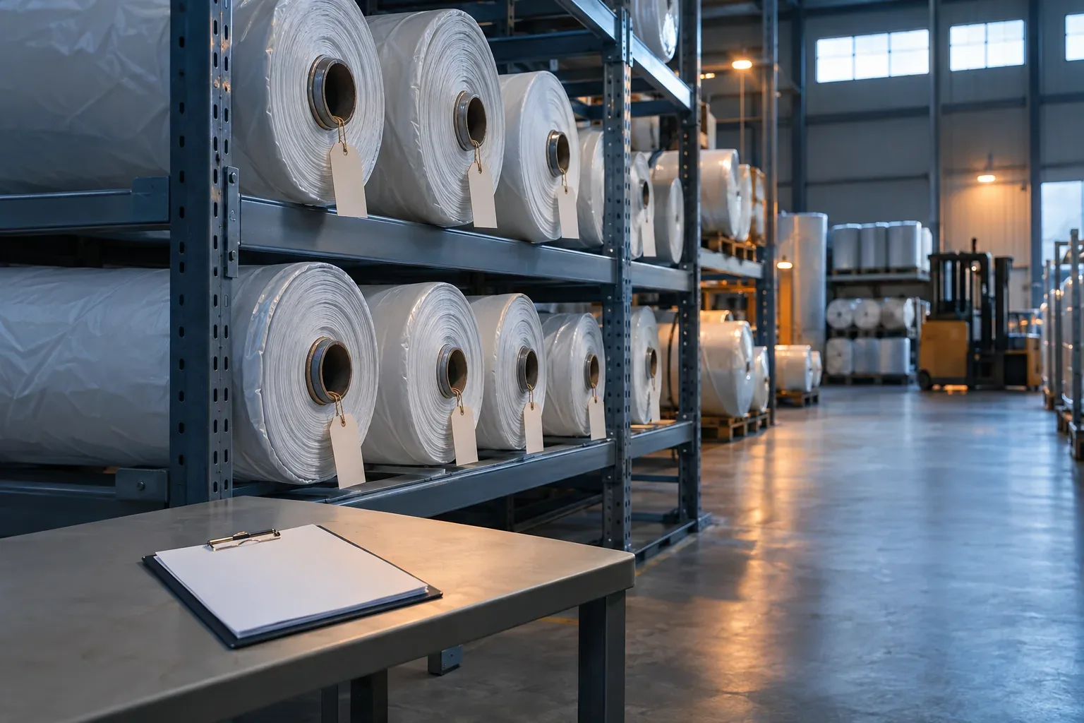 Rolls of white coated fabric on a rack in a clean textile warehouse, blank paper tags on the roll ends