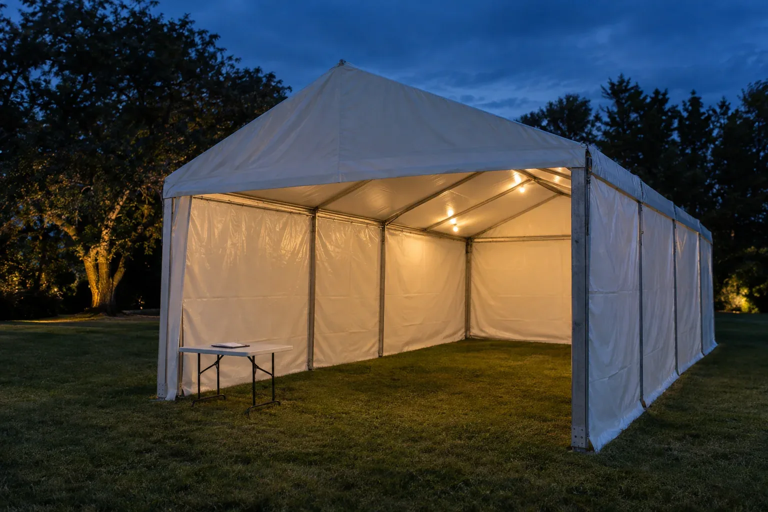 An empty white frame tent with sidewalls on a lawn at dusk, a clipboard on a folding table at its entrance
