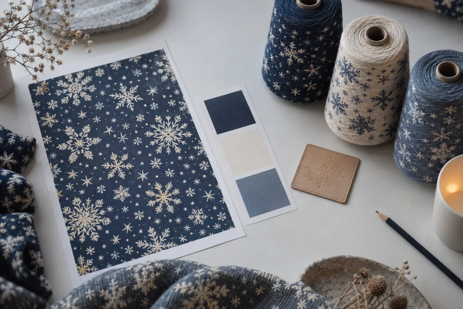 An overhead flat-lay on a design table: a navy snowflake and star artwork sheet, unlabelled colour swatches, a debossed tan leather patch, cones of navy, cream and slate yarn and a pencil