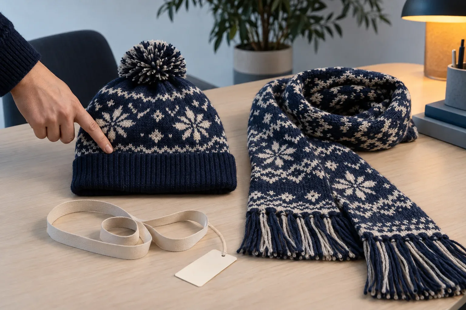 A hand pointing at the cuff of a navy and cream snowflake beanie laid beside its matching fringed scarf, with a tape and a blank paper tag in front