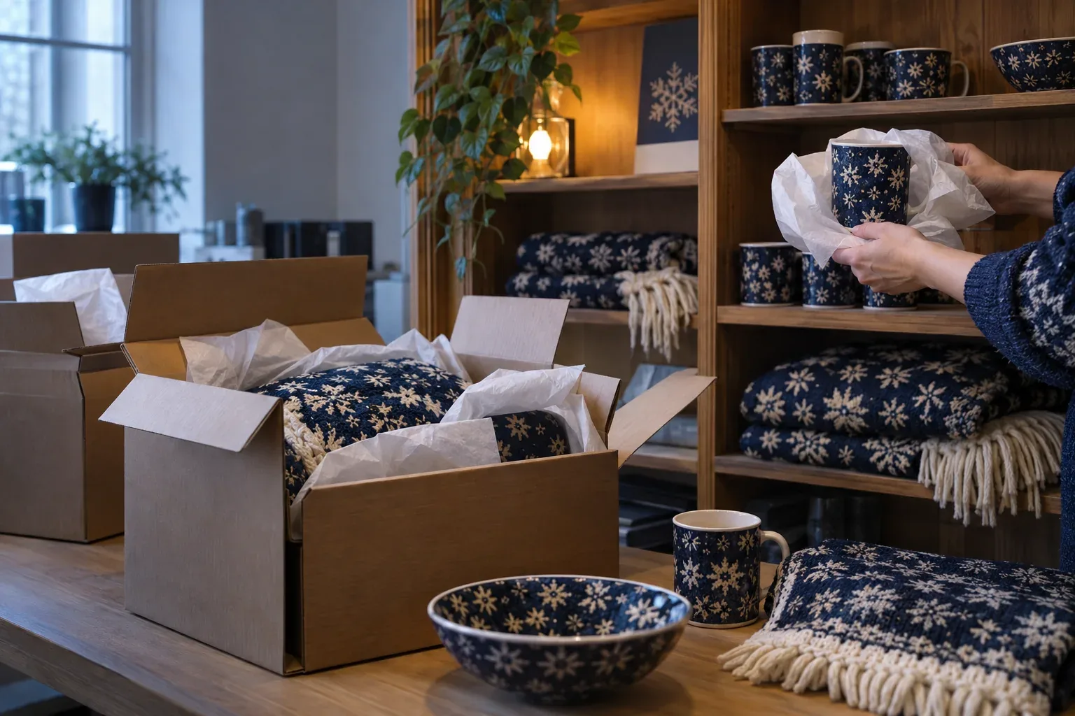 Opened cartons in the back room of a gift shop, a folded snowflake throw on the worktable and matching drinkware being unpacked onto a wooden shelf